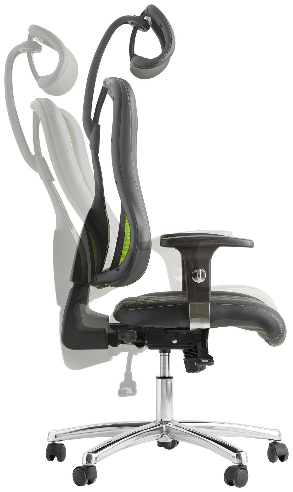 Seitliche Ansicht eines verstellbaren Gaming-Stuhls mit ergonomischem Design und Kopfstütze.