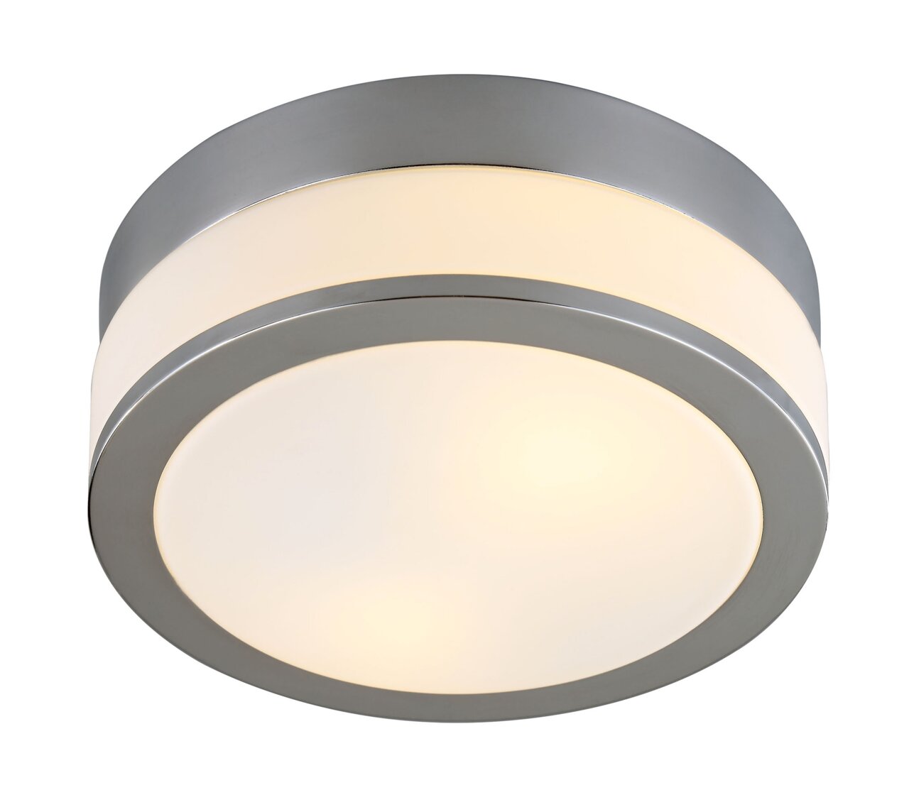 Moderne runde Deckenleuchte aus Metall und Glas, seitliche Perspektive