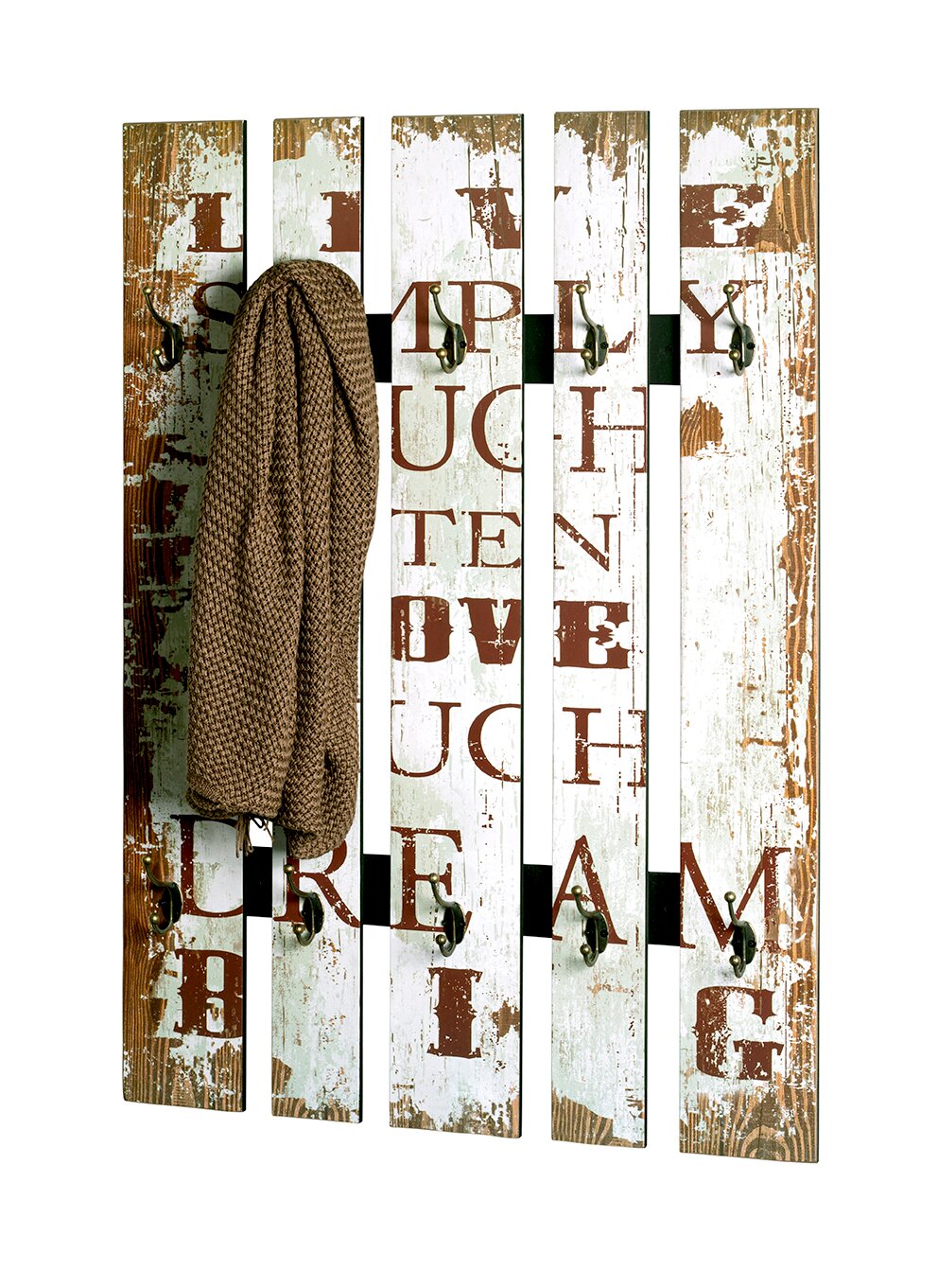 Zurbrüggen Wandgarderobe Rustikale Wandgarderobe aus Holzpaletten mit weiß-brauner Vintage-Lackierung, aufgedruckten Buchstaben und mehreren Metallhaken, frontal aus der Vorderansicht fotografiert.