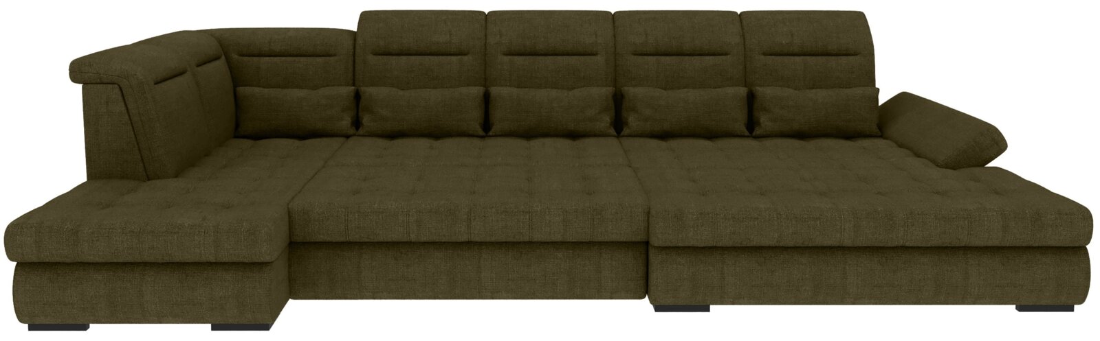 Olivegrünes, gepolstertes Ecksofa mit breiter Liegefläche, gesteppter Sitz- und Rückenpolsterung sowie Armlehnen, Frontansicht leicht von oben