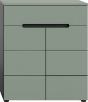 Modernes Sideboard/Kommode in mattem Salbeigrün mit schwarzer Griffleiste und zwei Türen, Frontansicht