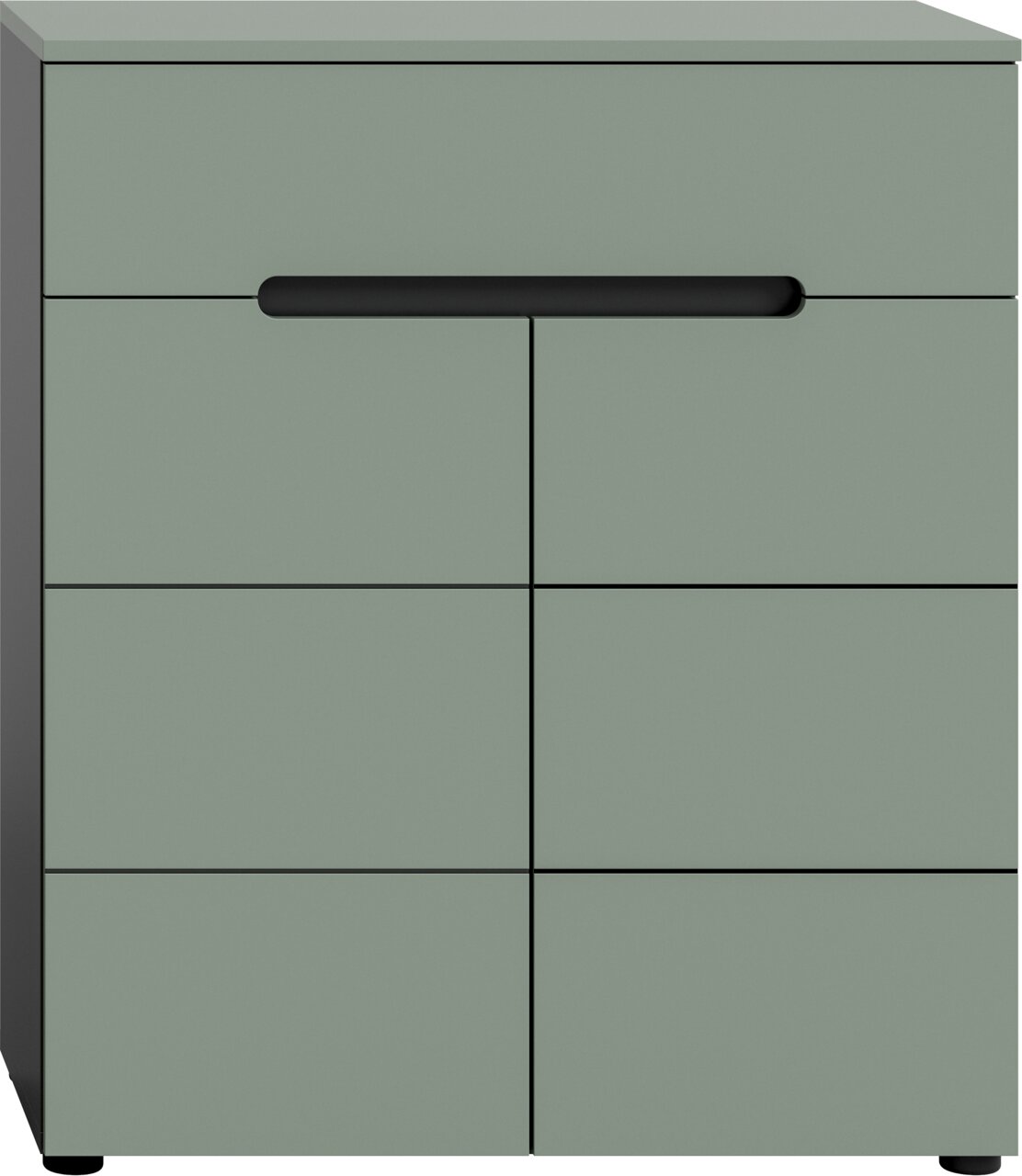 Modernes Sideboard/Kommode in mattem Salbeigrün mit schwarzer Griffleiste und zwei Türen, Frontansicht
