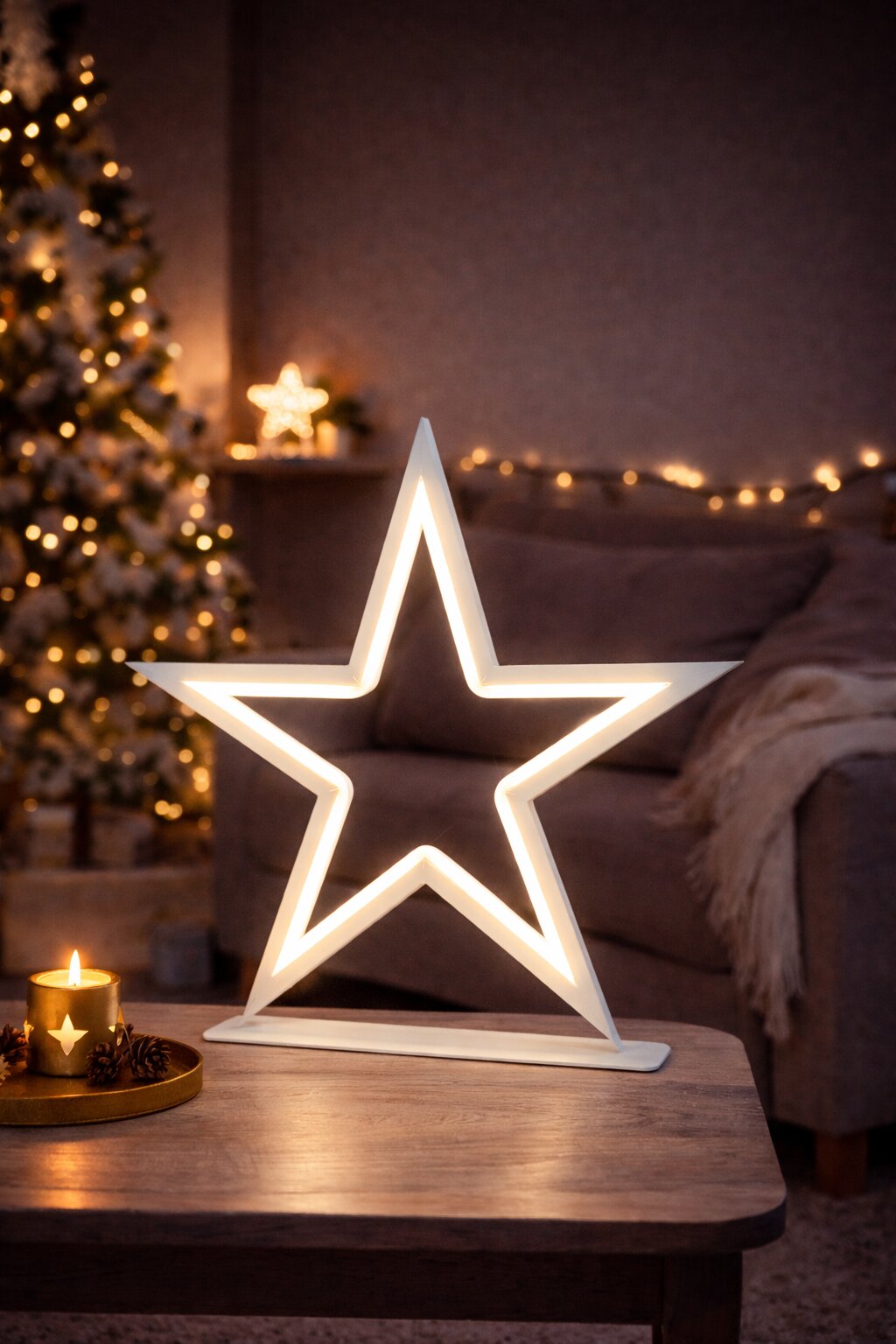 Een stralende witte led-ster op een voetstuk op een houten tafel in de woonkamer, een warme kerstsfeer met een kaars en een lichtslinger op de achtergrond, vooraanzicht