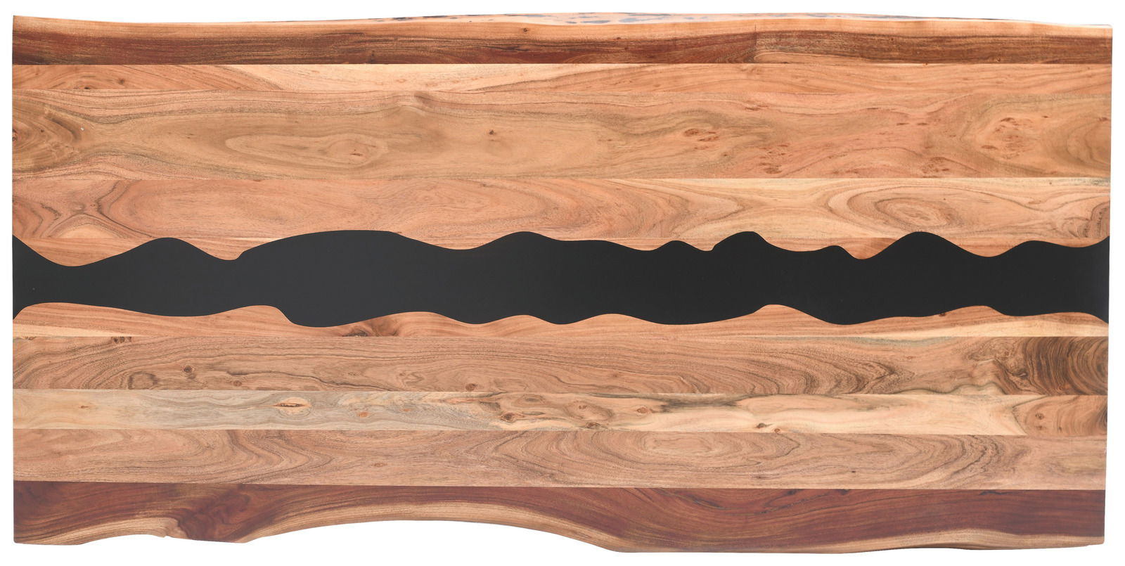 Vogelperspektive auf einen Esstisch mit natürlicher Holzmaserung und schwarzem, wellenförmigem Design in der Mitte.
