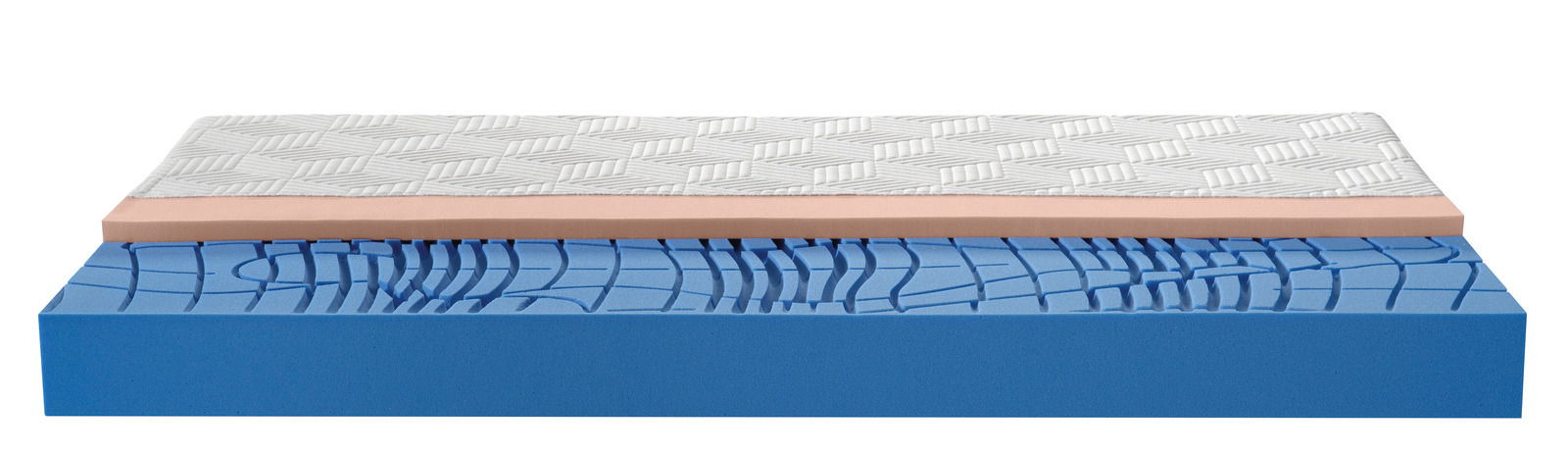 Seitenansicht einer Gel-Kaltschaummatratze mit blauer, strukturierter Schaumstoffschicht und weißem, gemustertem Bezug.