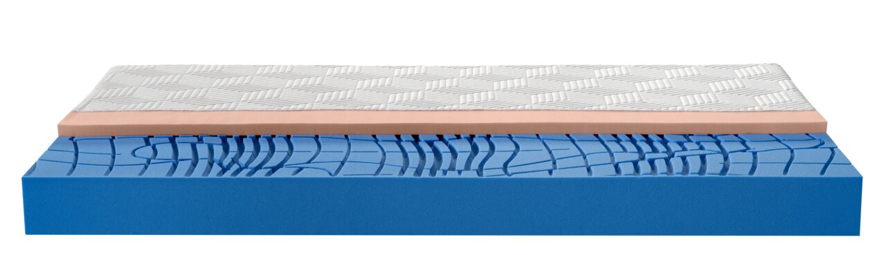 Seitenansicht einer Gel-Kaltschaummatratze mit blauer, strukturierter Schaumstoffschicht und weißem, gemustertem Bezug.