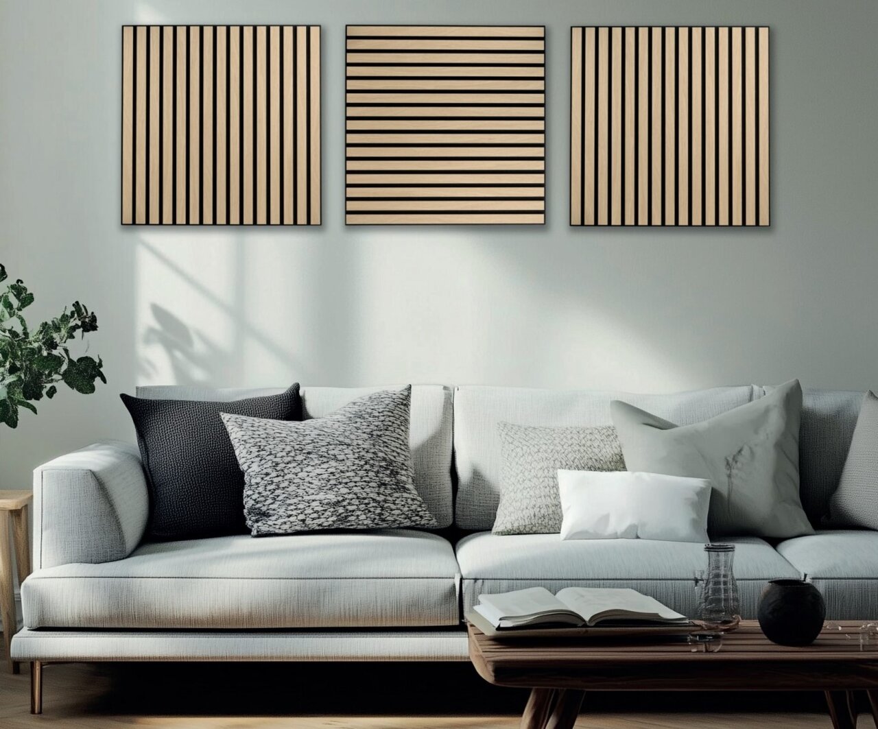 Drei Akustikpaneele in Holzoptik an der Wand über einem modernen Sofa, frontal betrachtet.