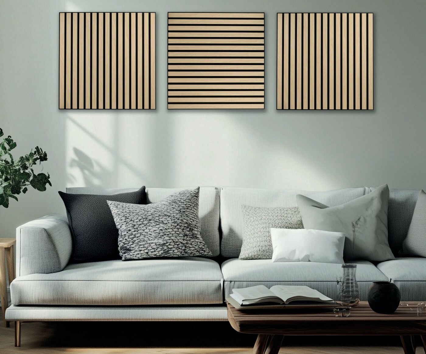 Drei Akustikpaneele in Holzoptik an der Wand über einem modernen Sofa, frontal betrachtet.