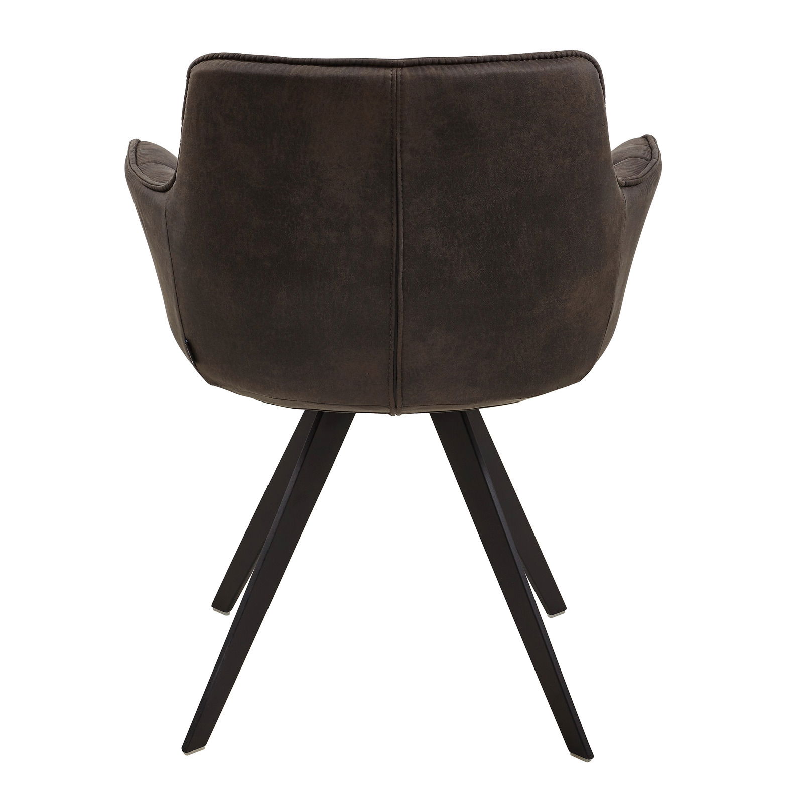 Rückansicht eines Sessels mit dunklem Stoffbezug und schwarzen Metallbeinen.