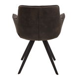 Rückansicht eines Sessels mit dunklem Stoffbezug und schwarzen Metallbeinen.