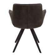 Rückansicht eines Sessels mit dunklem Stoffbezug und schwarzen Metallbeinen.