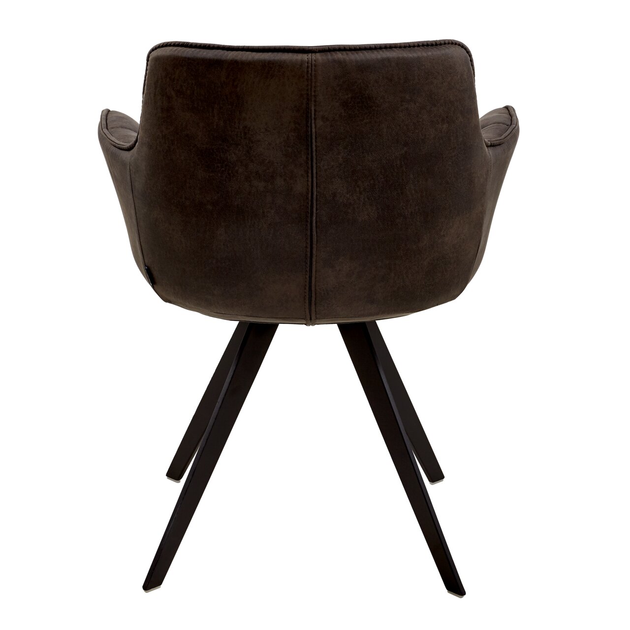 Rückansicht eines Sessels mit dunklem Stoffbezug und schwarzen Metallbeinen.