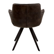 Rückansicht eines Sessels mit dunklem Stoffbezug und schwarzen Metallbeinen.