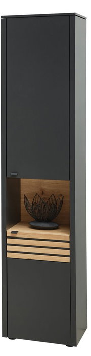 Moderne Vitrine in Schwarz mit Holzelementen, frontal abgebildet.