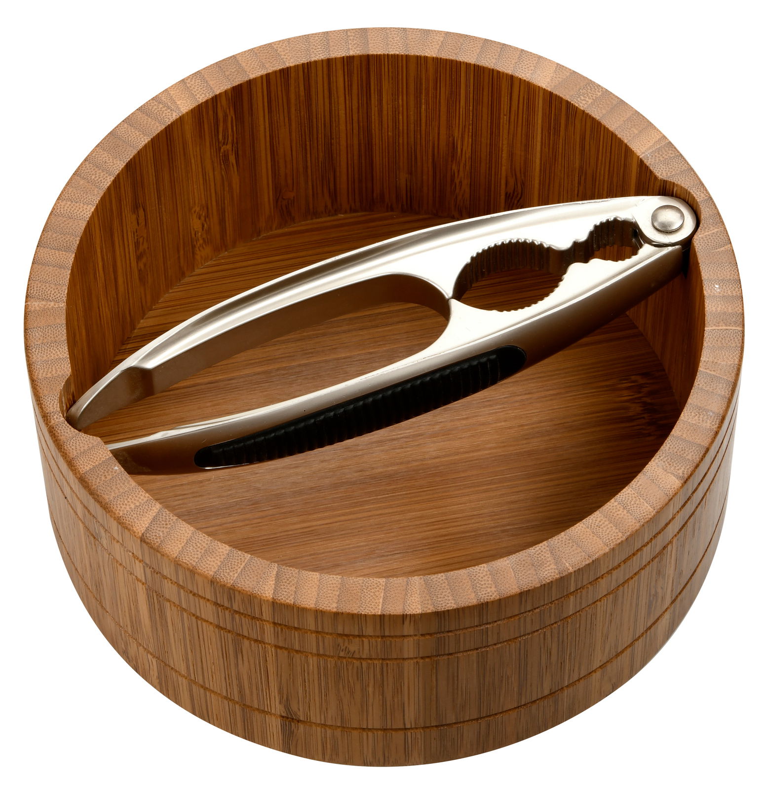 Runde Nussschale aus dunklem Bambus mit Nussknacker, Ansicht von oben