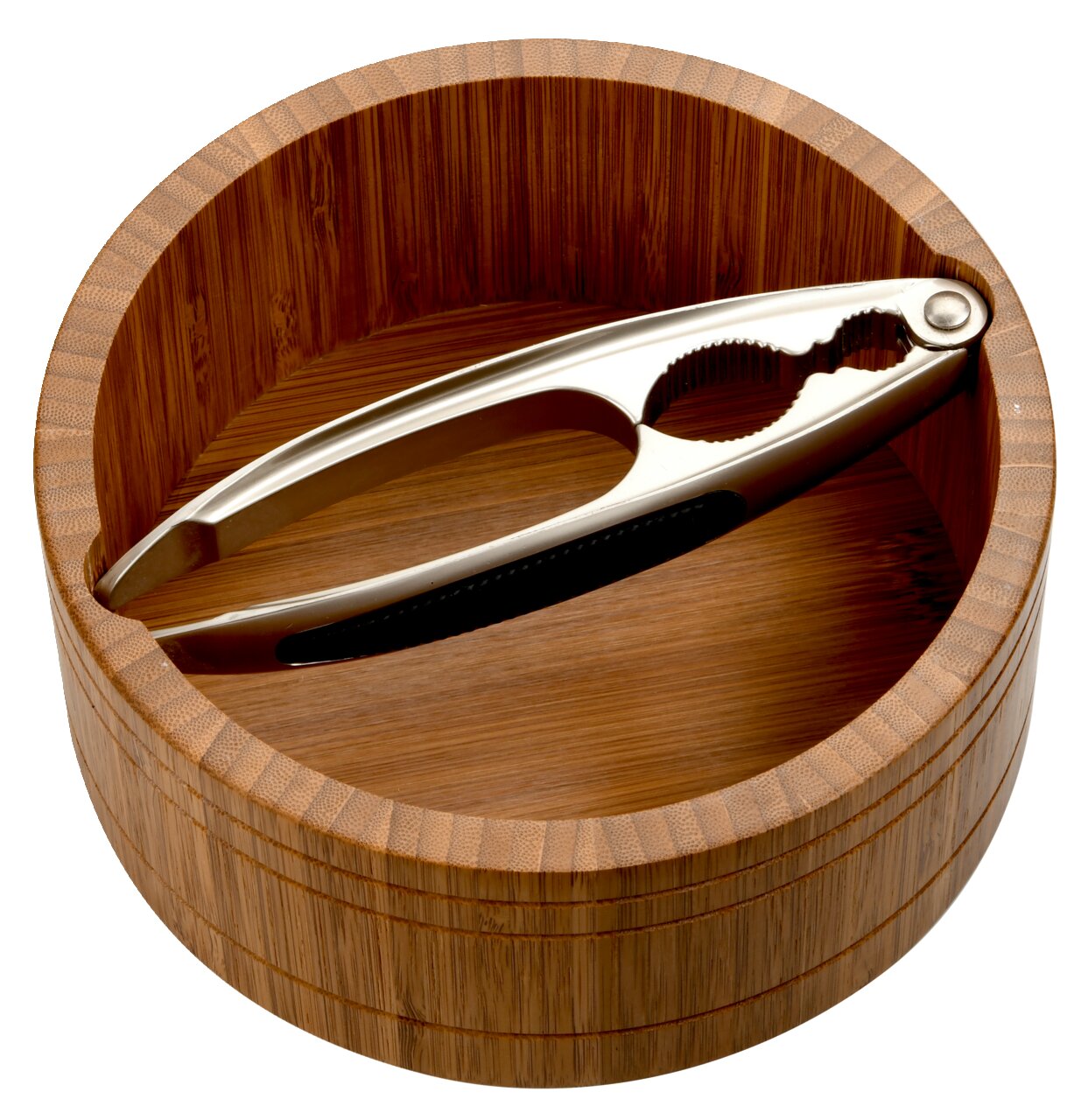 Runde Nussschale aus dunklem Bambus mit Nussknacker, Ansicht von oben