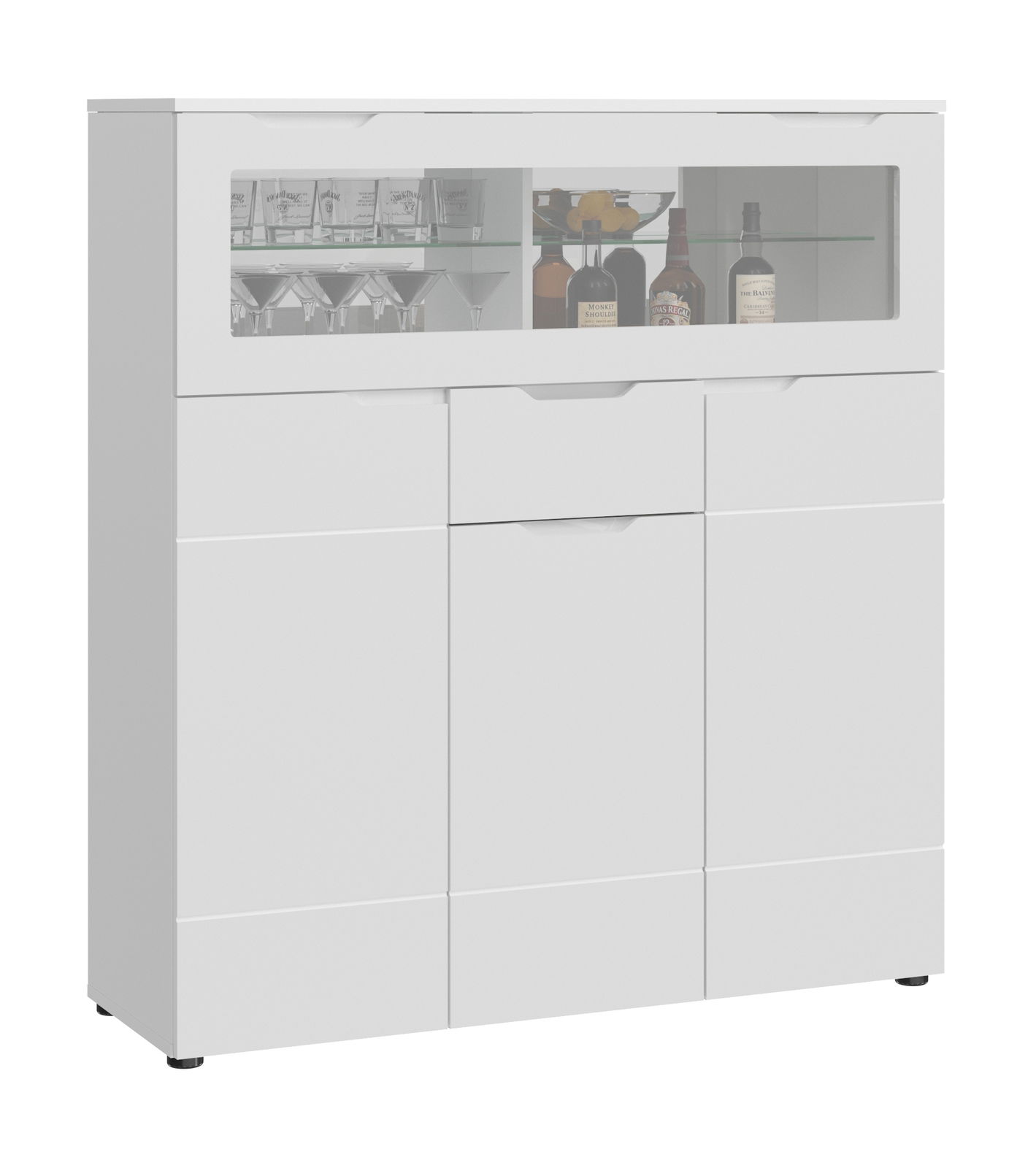 Moderner weißer Barschrank mit Glastür und Regalen, frontal abgebildet.
