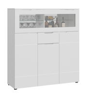 Moderner weißer Barschrank mit Glastür und Regalen, frontal abgebildet.
