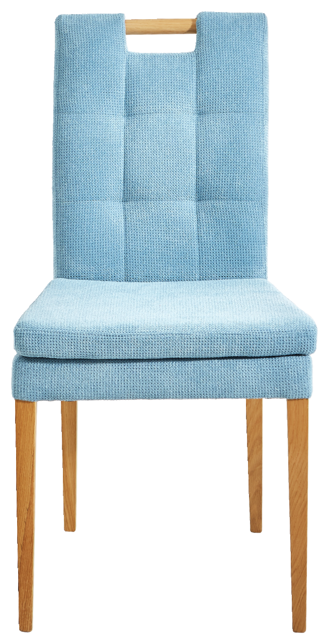Vorderansicht eines modernen Stuhls mit hellblauem Stoffbezug und Holzbeinen.