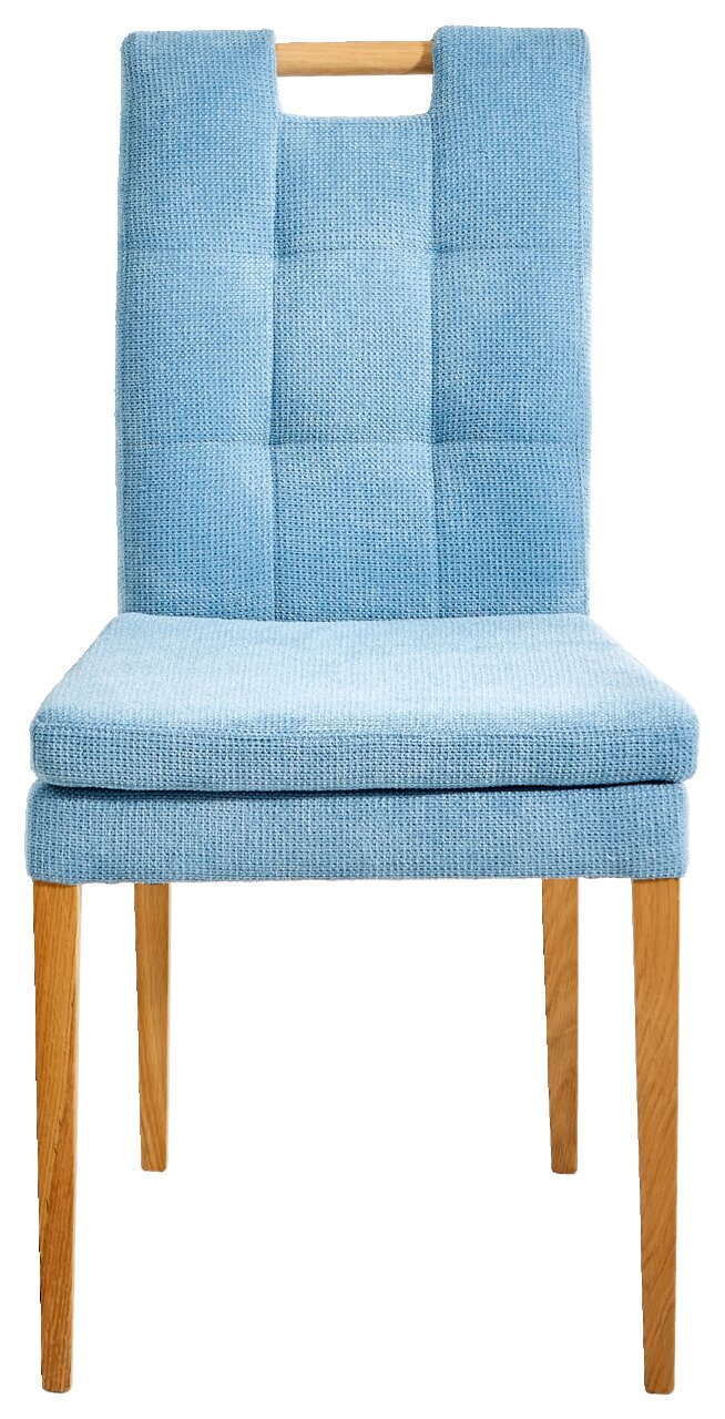 Cantus Stuhl BARCELONA Vorderansicht eines modernen Stuhls mit hellblauem Stoffbezug und Holzbeinen.