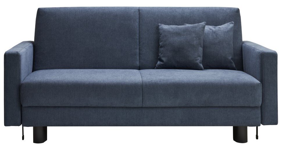 Blaues Funktionssofa mit zwei Kissen, Frontalansicht