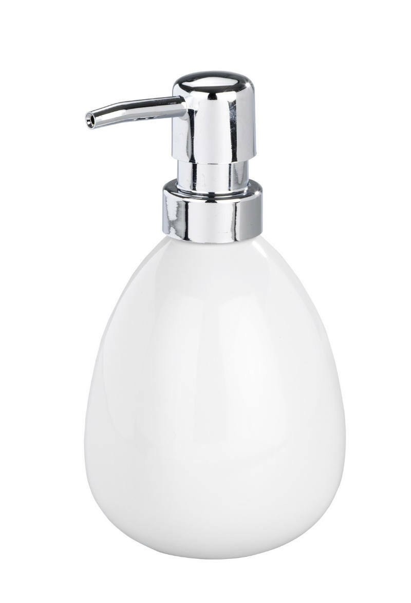 Keramik Seifenspender Polaris in Weiß mit glänzendem Chrom-Pumpkopf, seitliche Perspektive