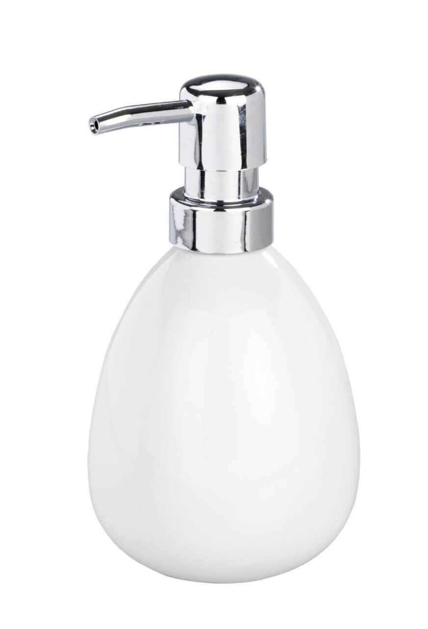 Keramik Seifenspender Polaris in Weiß mit glänzendem Chrom-Pumpkopf, seitliche Perspektive