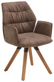 Moderner brauner Sessel mit gepolstertem Sitz und Rückenlehne, Holzbeinen und Armlehnen, seitliche Perspektive