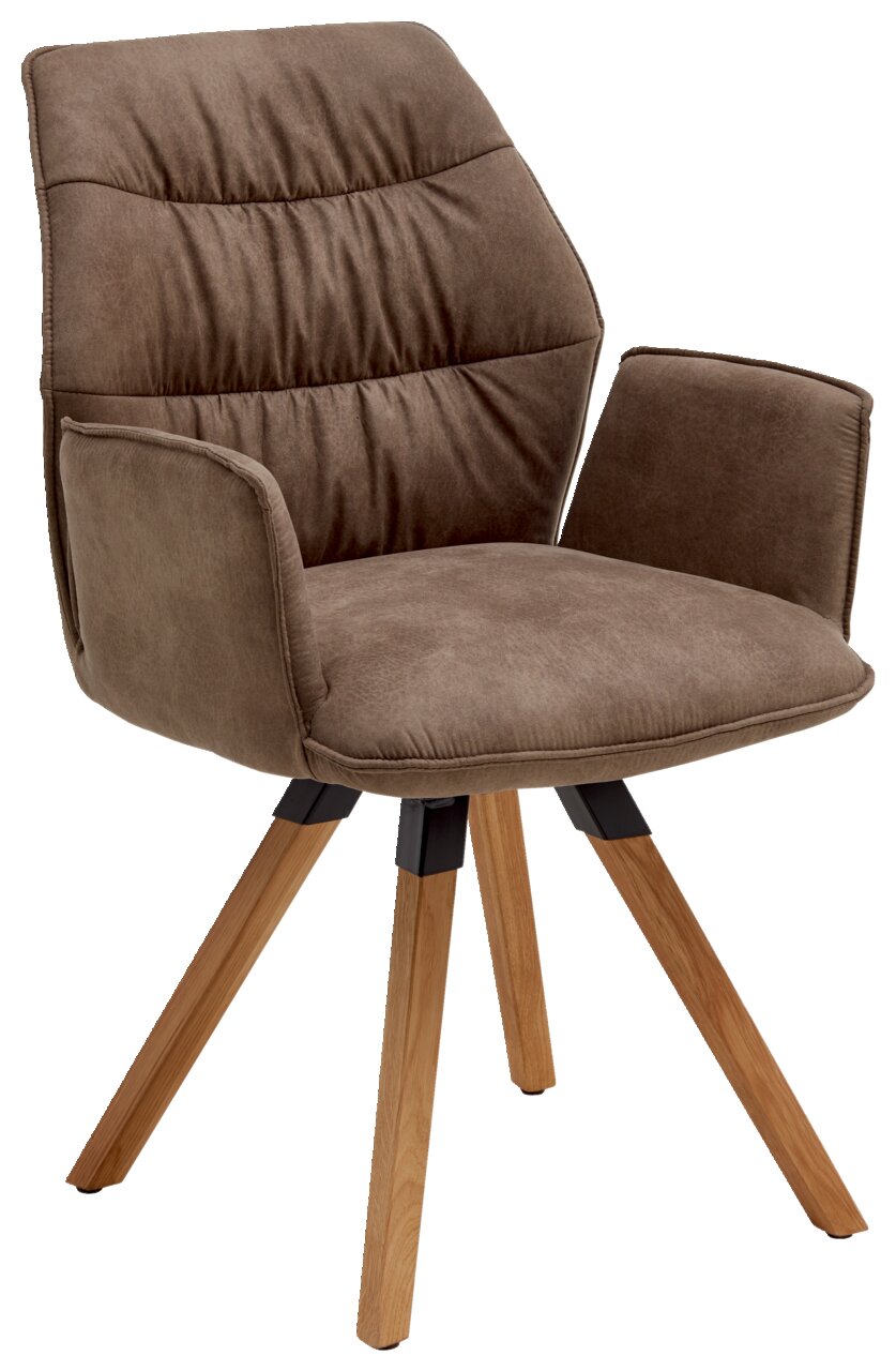 Moderne bruine fauteuil met gestoffeerde zitting en rugleuning, houten poten en armleuningen, zijaanzicht
