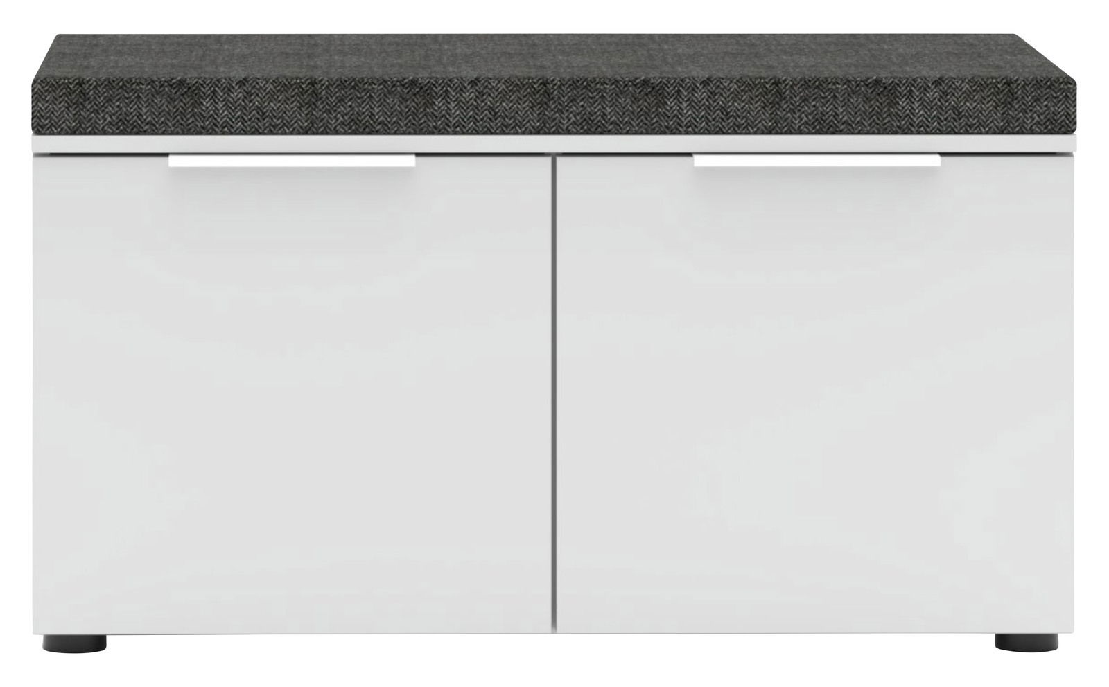 Weiße Bank mit grauem Sitzpolster, Frontansicht