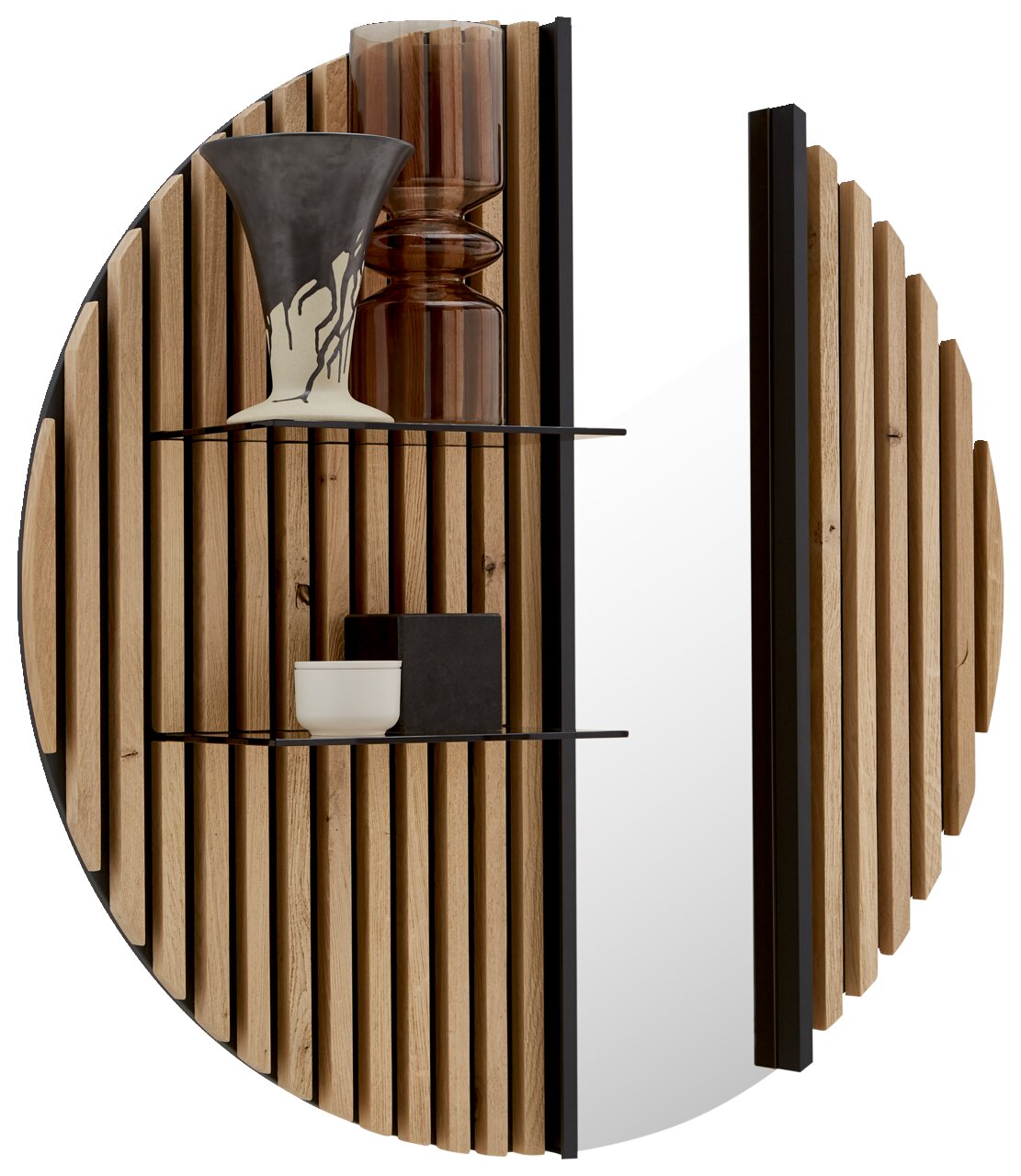 Rond hangpaneel met houten lamellen en glas aan de rechterkant, versierd met vazen en schalen, vooraanzicht.