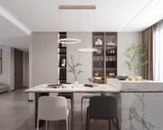 Moderne LED-Hängeleuchte in einem stilvollen Esszimmer, von unten betrachtet.