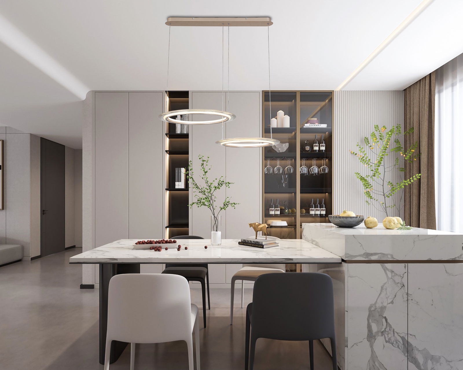 Moderne LED-Hängeleuchte in einem stilvollen Esszimmer, von unten betrachtet.