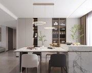 Moderne led-hanglamp in een stijlvolle eetkamer, van onderaf gezien.