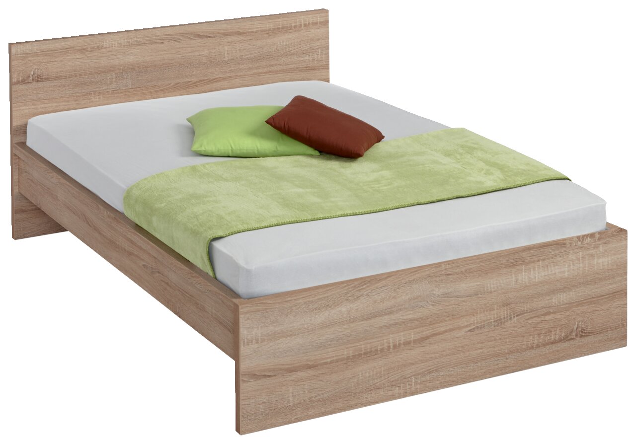 Holzbett der Serie MALMÖ mit Kopfteil, grüner Decke und zwei Kissen, aus schräger Perspektive fotografiert.