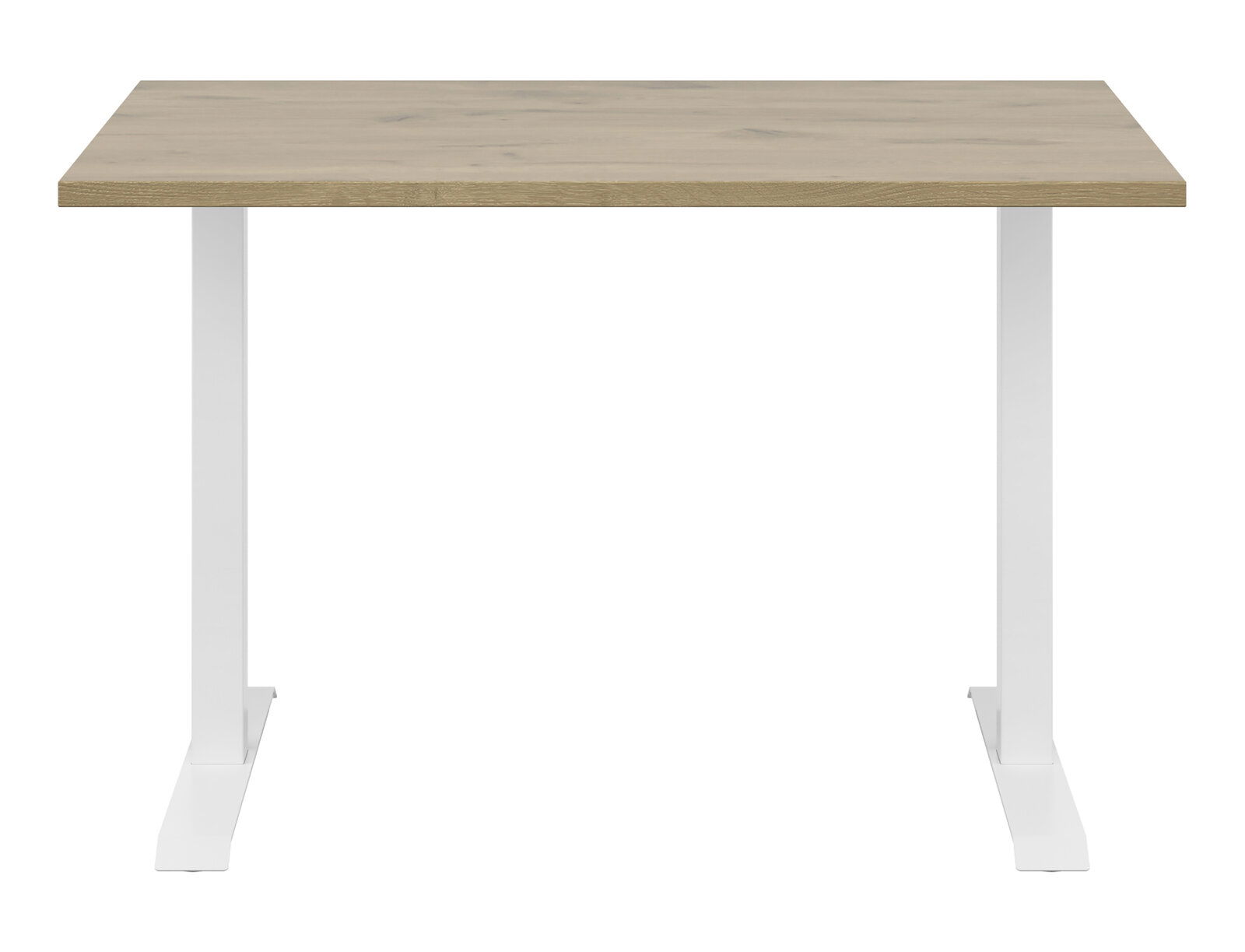 Moderner Schreibtisch mit Holzplatte und weißen Metallbeinen, Frontalansicht