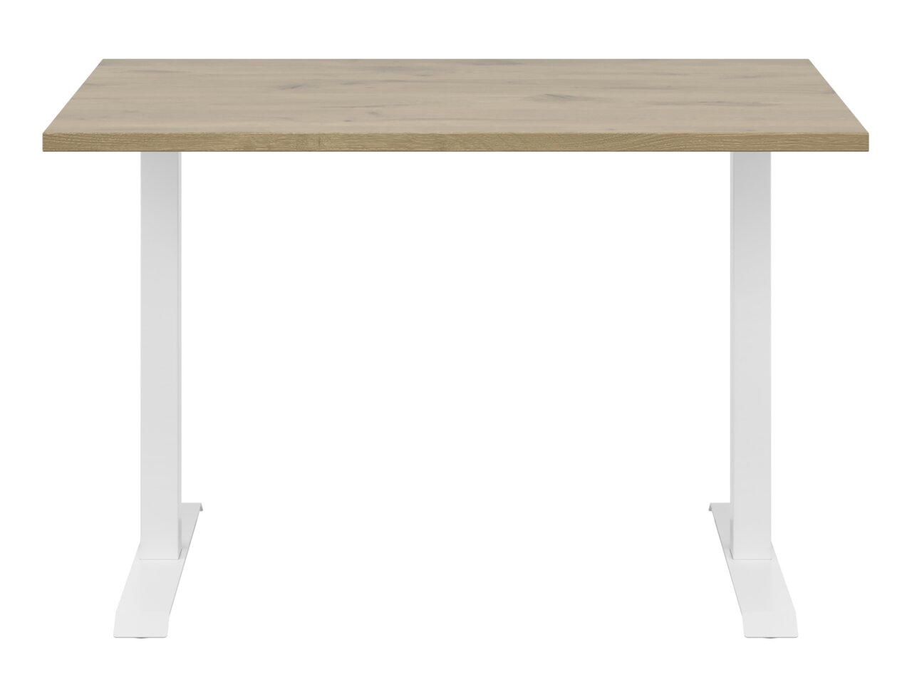 Moderner Schreibtisch mit Holzplatte und weißen Metallbeinen, Frontalansicht