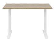 Moderner Schreibtisch mit Holzplatte und weißen Metallbeinen, Frontalansicht