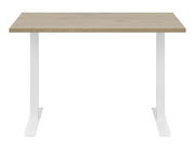 Moderner Schreibtisch mit Holzplatte und weißen Metallbeinen, Frontalansicht