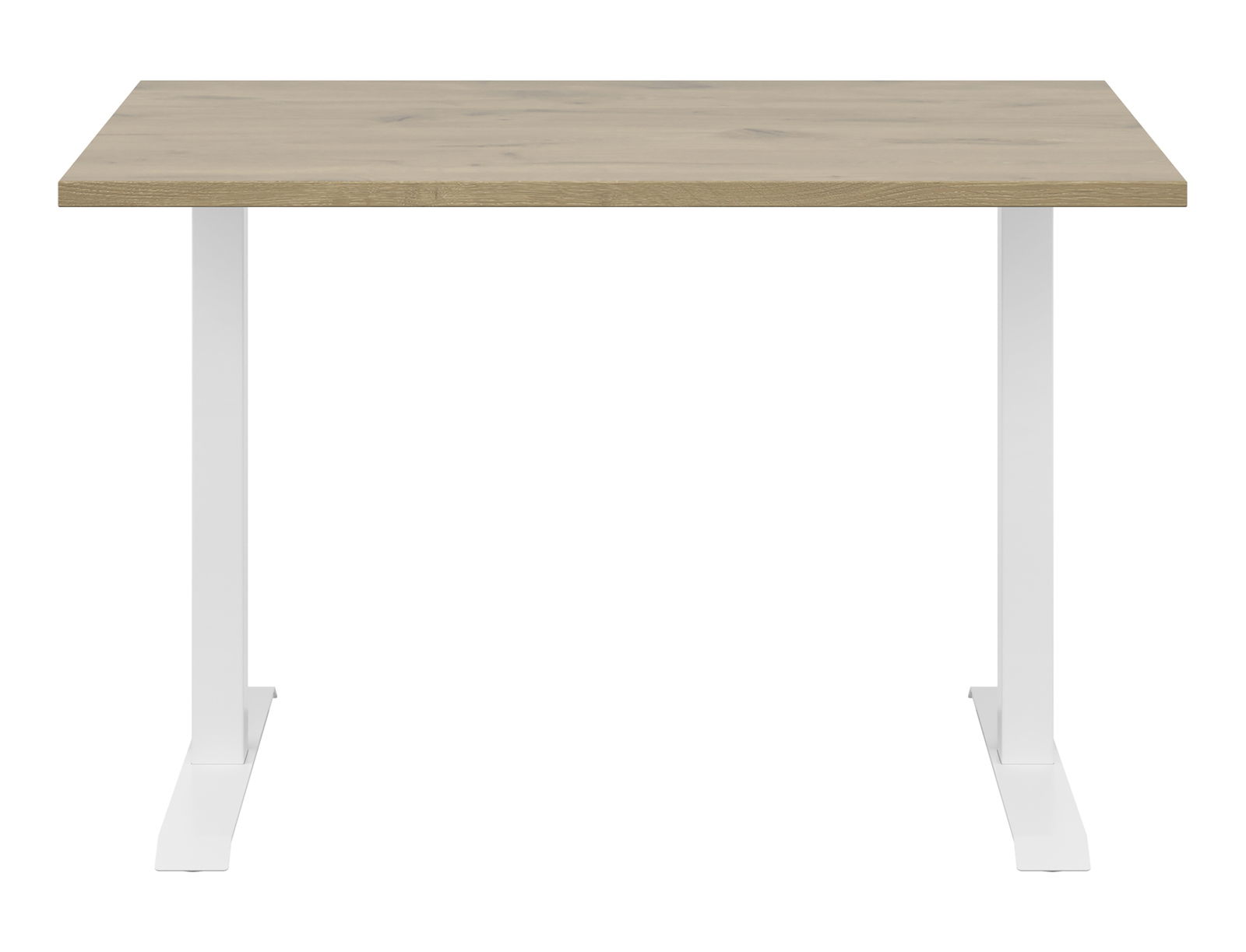 Moderner Schreibtisch mit Holzplatte und weißen Metallbeinen, Frontalansicht