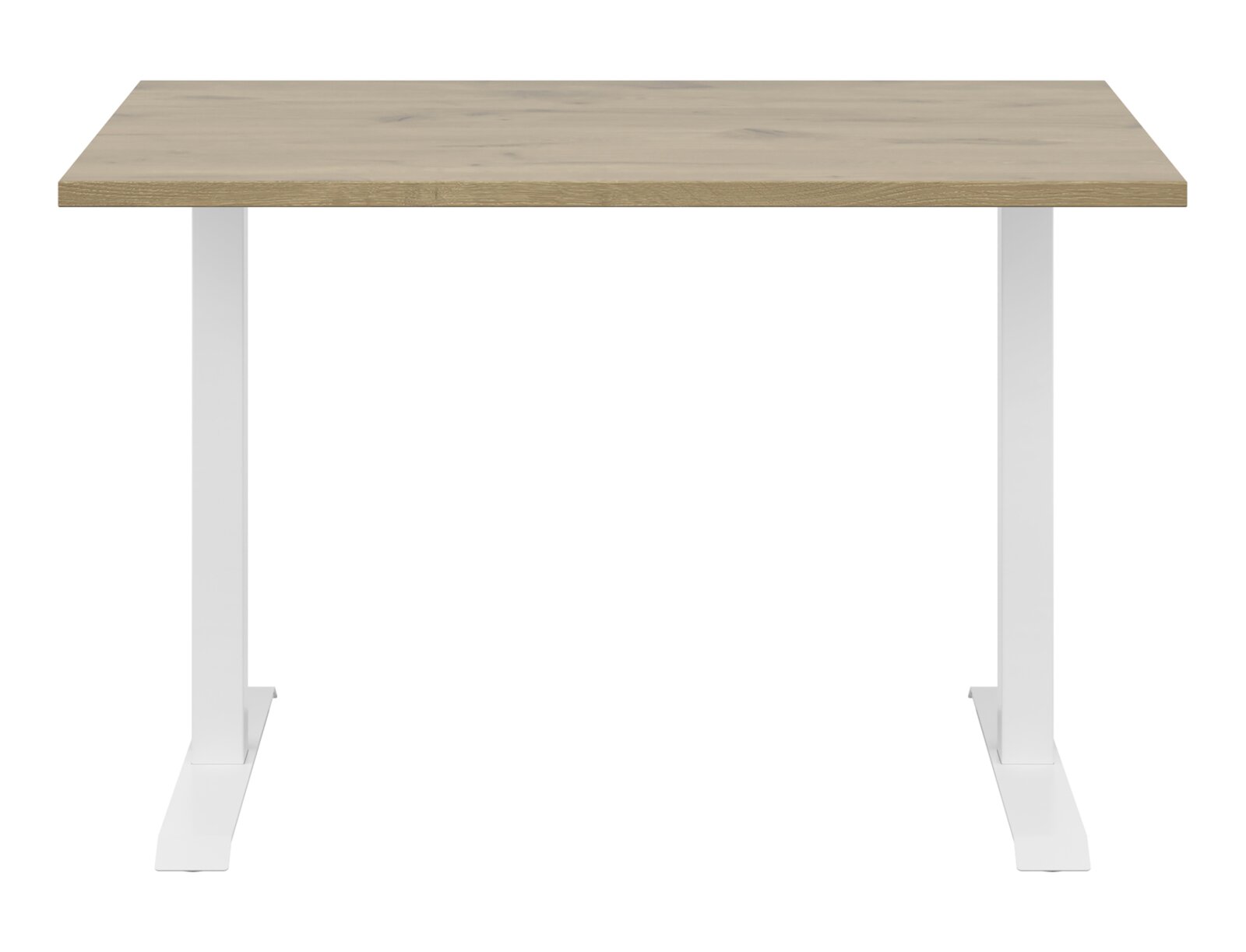 Moderner Schreibtisch mit Holzplatte und weißen Metallbeinen, Frontalansicht