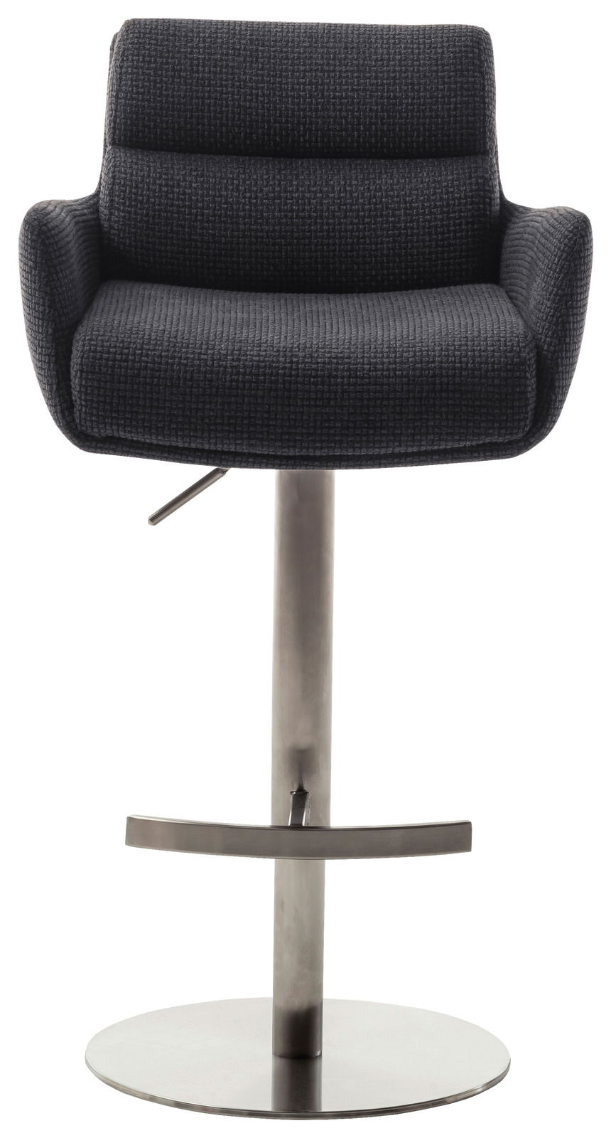 Barstuhl mit Armlehnen in dunklem Stoff, Vorderansicht