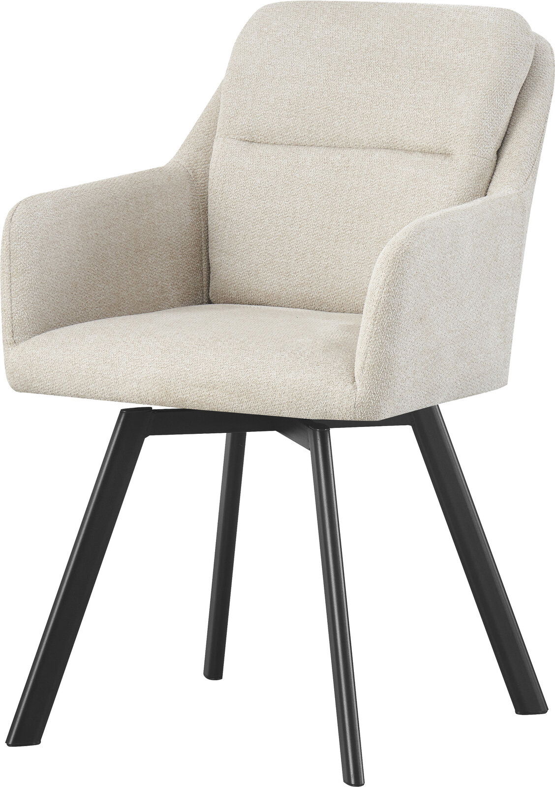 Beiger, gepolsterter Polsterstuhl mit Armlehnen und schwarzen, ausgestellten Beinen, freigestellt auf weißem Hintergrund, in frontaler leicht seitlicher Perspektive.
