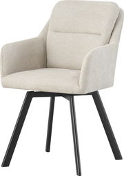 Beiger, gepolsterter Polsterstuhl mit Armlehnen und schwarzen, ausgestellten Beinen, freigestellt auf weißem Hintergrund, in frontaler leicht seitlicher Perspektive.