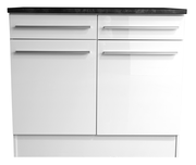 Moderner weißer Unterschrank mit zwei Schubladen und zwei Türen, frontal fotografiert.