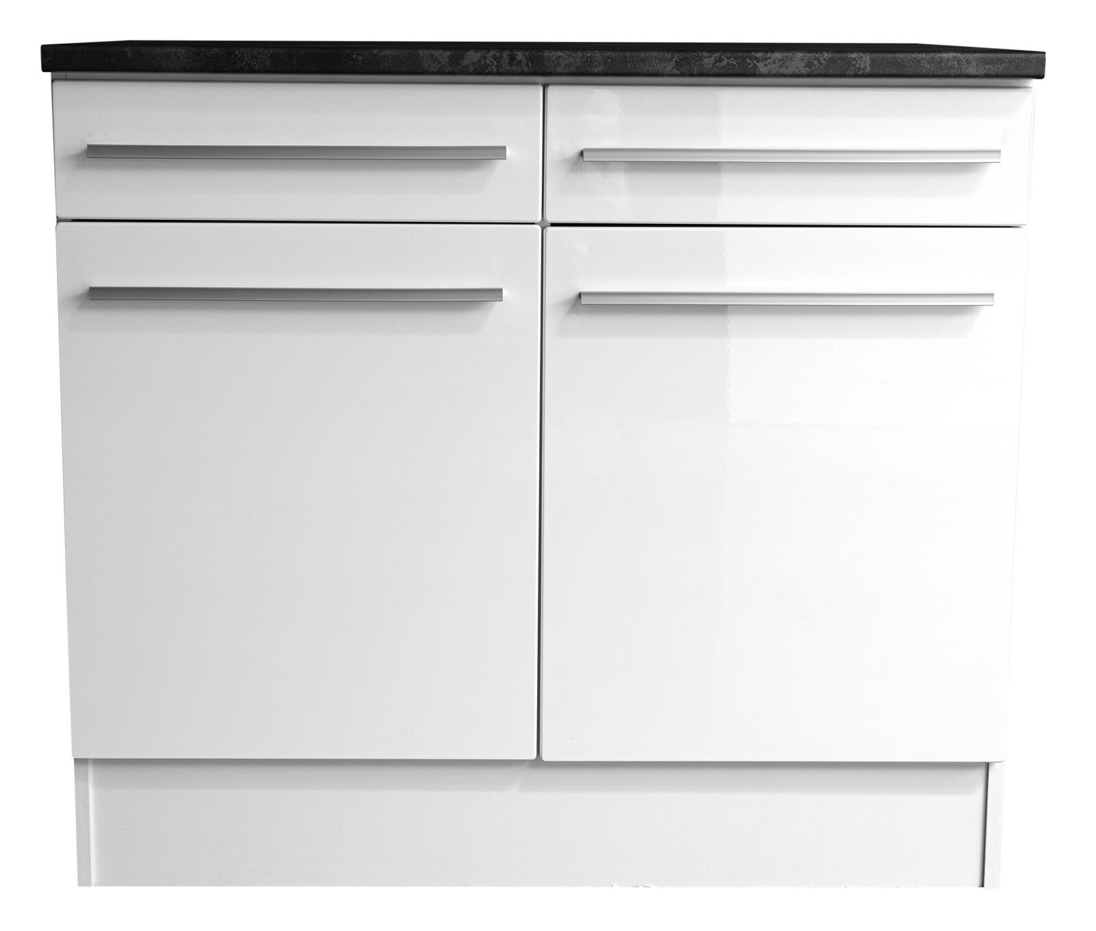 Yourkitchen Unterschrank JAZZ Moderner weißer Unterschrank mit zwei Schubladen und zwei Türen, frontal fotografiert.