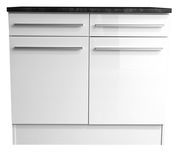 Moderner weißer Unterschrank mit zwei Schubladen und zwei Türen, frontal fotografiert.