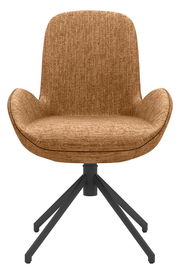 Vorderansicht eines modernen Armlehnstuhls mit braunem Stoffbezug und schwarzem Metallgestell.