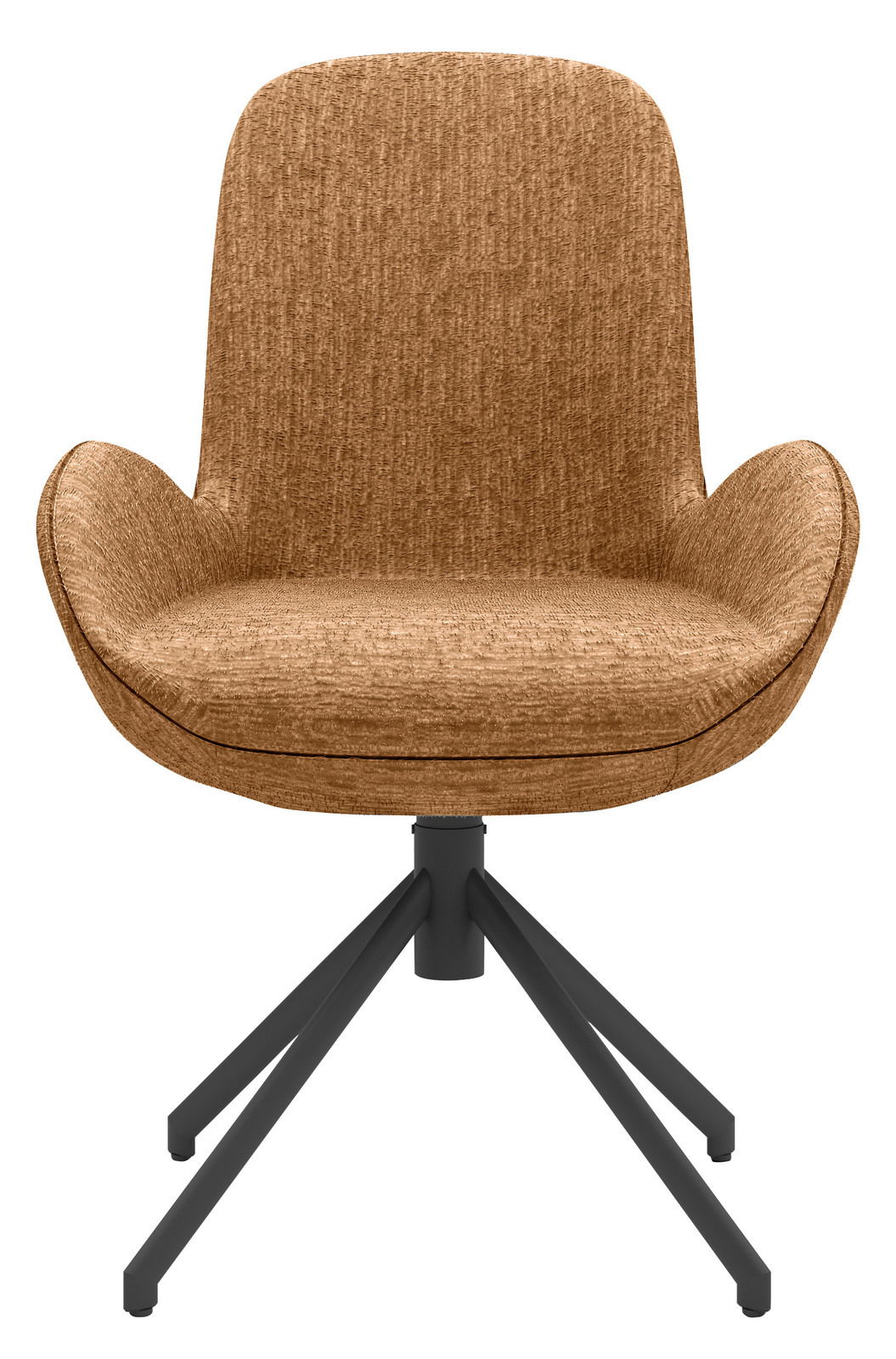 Vorderansicht eines modernen Armlehnstuhls mit braunem Stoffbezug und schwarzem Metallgestell.