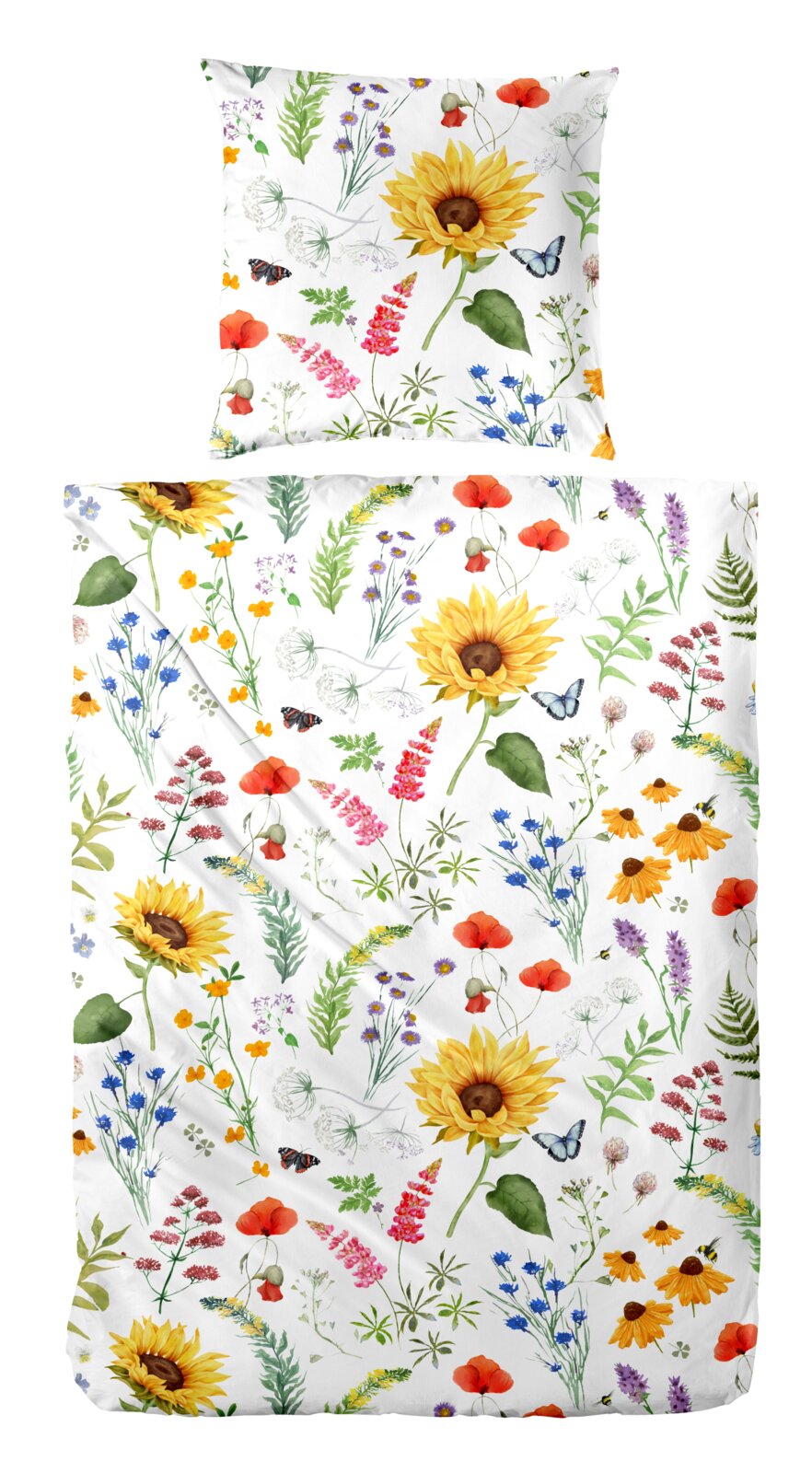 Bettwäsche-Set mit Kissenbezug und Bettbezug in Weiß, bedruckt mit bunten Wildblumen, Sonnenblumen und Schmetterlingen, frontal von oben in Draufsicht dargestellt